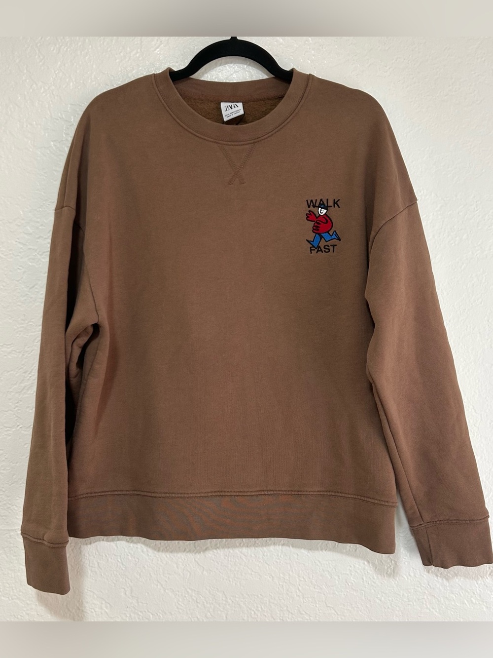 Zara Brown Crewneck Sweatshirt with Red & Blue 'Walk Fast' Graphic
